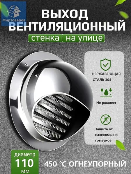 Стенной выход с решеткой и сеткой, 110 мм, из нержавеющей стали 304