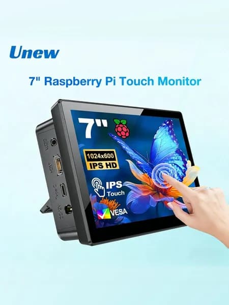 UNEW 7" Монитор Сенсорный монитор 7" для Raspberry Pi, IPS, 10-точечный тач, без драйверов (CX070PI-B), IPS, 1024x600, 60 Гц, черный матовый