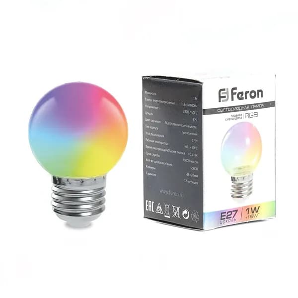 Лампа светодиодная Е27 мощность 1W цвет RGB Feron LB-37 38126 Упаковка 1 штука