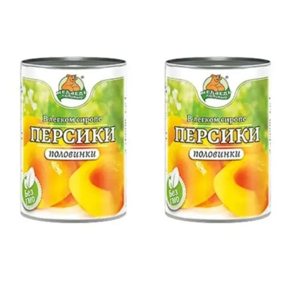 Медведь Любимый Персики половинки в легком сиропе , 425 мл, 2шт