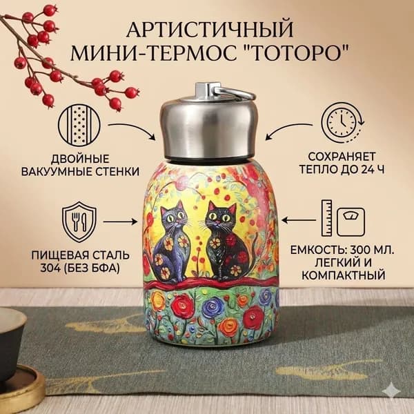 Термокружка 0.3 л, холод 12 ч, тепло 12 ч, крышка-чашка, оранжевый