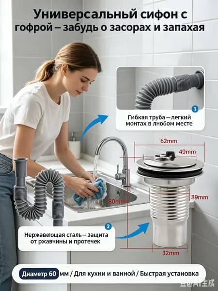 Сифон для раковины и мойки, выпуск из нержавеющей стали-гофра-гибкая, для кухни и ванной