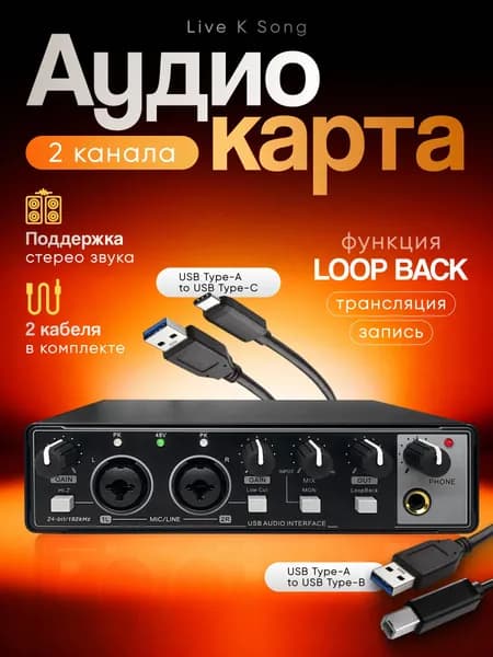 Звуковая карта внешняя для ПК Live K Song / аудиокарта usb, разрешение 24 бит/192 кГц / микшер