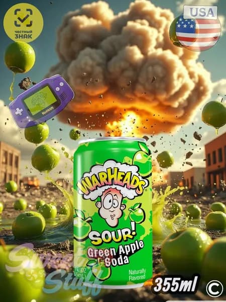 Напиток WARHEADS SOUR SODA ЗЕЛЕНОЕ ЯБЛОКО газированный 0.355л США