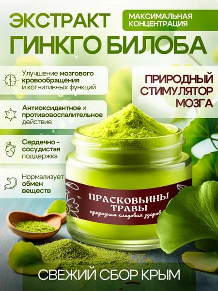Экстракт ГИНКГО БИЛОБА природный стимулятор мозга для памяти, концентрации и улучшения мозгового кровообращения, 50г