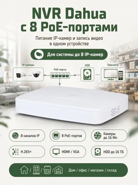 Dahua DH-NVR4108-8P-EI - 8 канальный видеорегистратор IP для камер видеонаблюдения, NVR регистратор сетевой с PoE