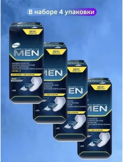 Набор урологических прокладок для мужчин Tena Men Level 2 Medium, 4 капли, 500 мл, 4 упаковки, 80 штук