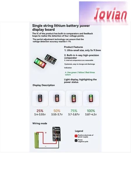 Миниатюрный модуль индикации заряда 3.7-4.2V, для "1S" тернарных литиевых батарей / светодиодный трёхцветный дисплей.