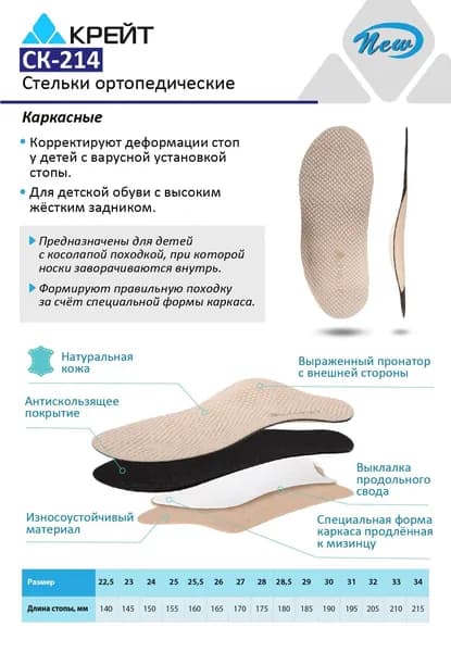 Стельки ортопедические детские при косолапии, кожаные, каркасные, Крейт, размер 27