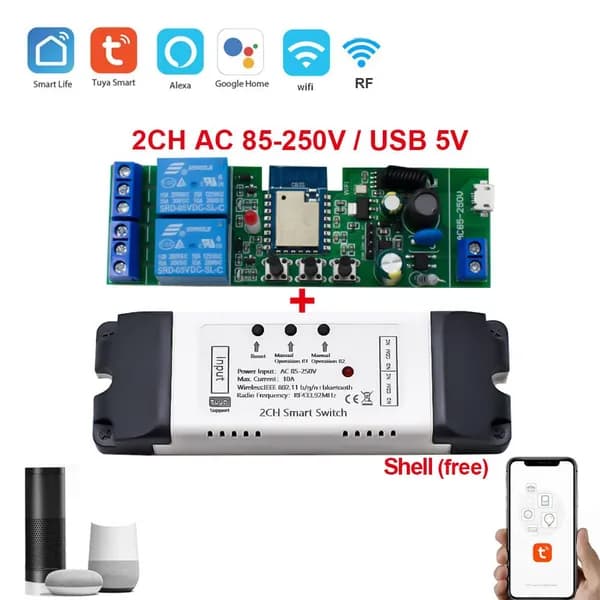 Модуль Tuya Wifi 2CH (80-250V) для управления бытовой техникой, дистанционно