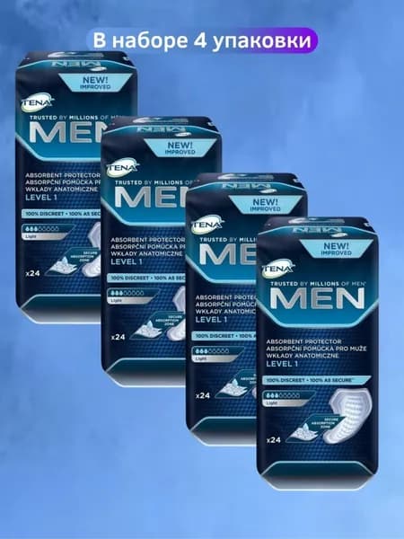 Набор урологических прокладок для мужчин Tena Men Level 1 Light, 3 капли, 300 мл, 4 упаковки, 96 штук