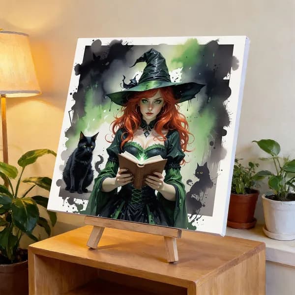 Цифровая раскраска Green Witch Grimoire с чёрной кошкой, 40 40 см, без рамки