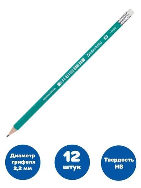 Карандаш чернографитный, с резинкой, пластиковый (12 штук)