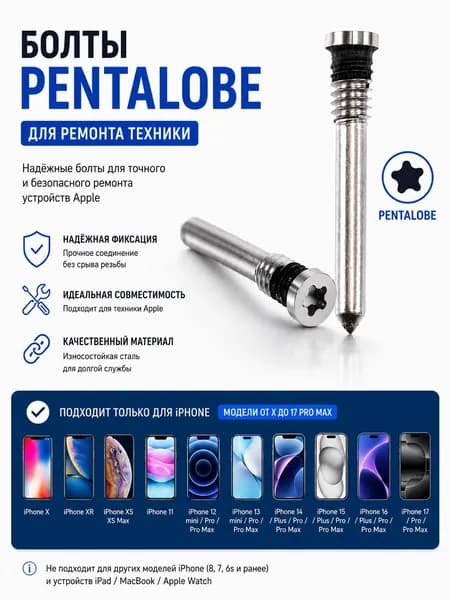 Винты Pentalobe 2шт Белые(Серебро) комплект, крепежные для техники Apple. ТехноВорс