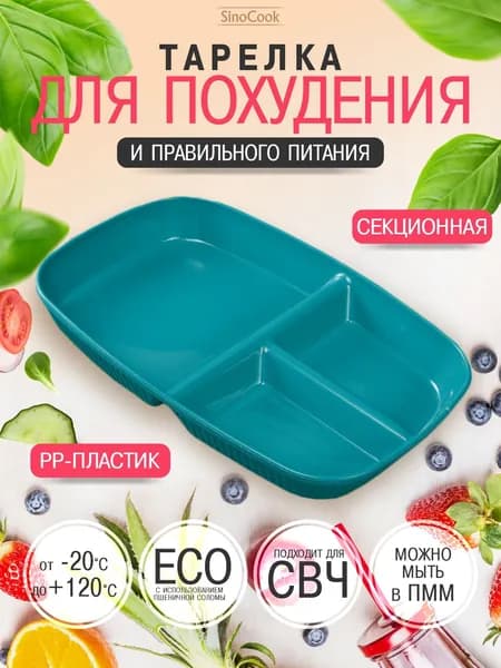 Секционная тарелка для похудения и ПП прямоугольная бирюзовая