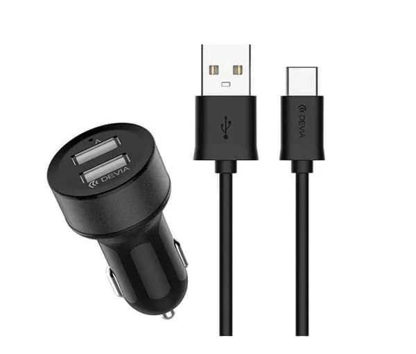 Автомобильное зарядное устройство Devia Smart с 2 USB разъемами, 2.4A, кабель Type-C, Black