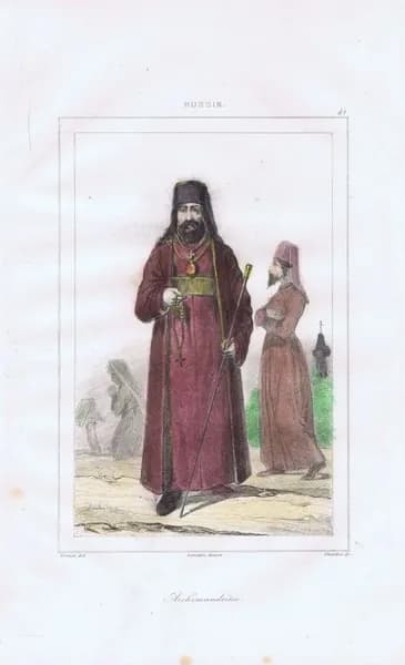 Русский архимандрит. Антикварная гравюра (офорт, акварель). Франция, 1838 год