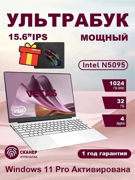 VETAS Игровой ноутбук, подходит для Roblox/GTA5/CSGO/FPS, активирована система Windows, IPS экран 15,6", русская раскладка -для работы, игр и учебы Игровой ноутбук 15.6", Intel Celeron N5095, RAM 32 ГБ, SSD 1024 ГБ, Intel UHD Graphics, Windows Pro, серебристый, черный, Русская раскладка