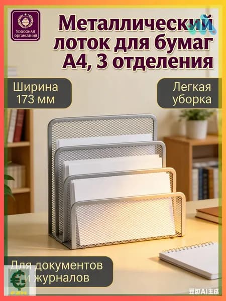 Лоток для бумаг вертикальный металлический А4, 3 отделения, серебристый сетчатый органайзер для документов и папок на стол