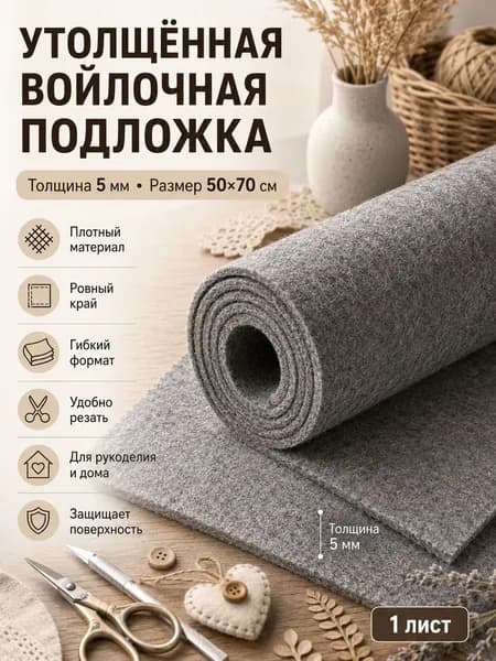 Войлок для рукоделия - плотный неокрашенный лист 50 70 см 5 мм