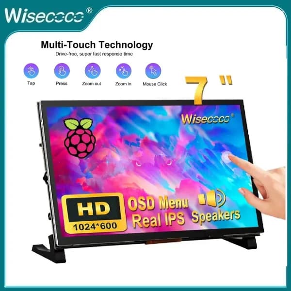 Wisecoco Пиксельный экран 7"сенсорный монитор ,ips 1024x600, USB HDMI , Сенсорный дисплей для raspberry pi 5 4 3 2 Zero B B+ Windows Drive-Free, коричнево-красный