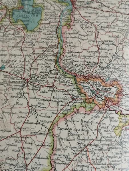 Географическая карта антикварная. Север Германии. 1913 год