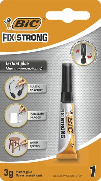 Клей универсальный 3 г 1 шт Bic FIX STRONG, моментального действия, для пластика, фарфора и дерева