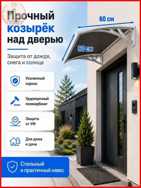 Навес-козырек над крыльцом усиленный, вынос 60 см, ширина 160/180/200/240/300 см, пластиковый, защита от осадков и снега