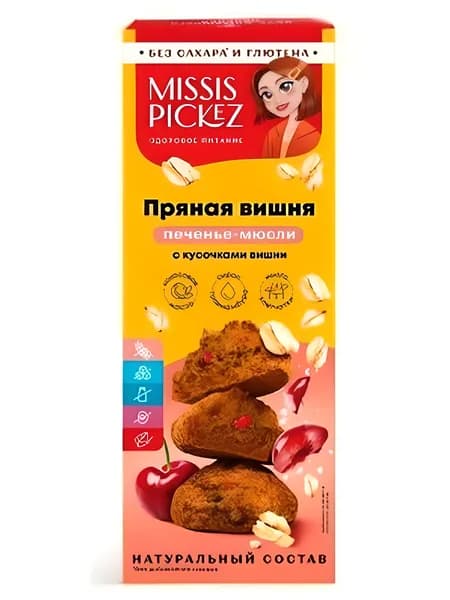 Печенье-мюсли"Missis Pickez"Пряная вишня с кусочками вишни Без сахара и глютена 1 шт вес 100г