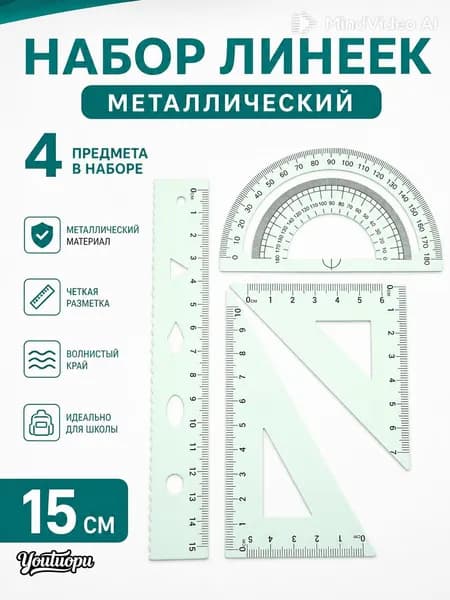 Чертежный набор из 4 предметов линейка 15 см для учебы и офиса