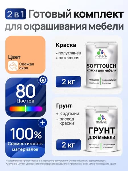 Комплект Malare SoftTouch для окрашивания мебели (2кг грунт + 2кг краска), акриловый, без запаха, быстросохнущий, полуглянцевый, цвет свежая охра
