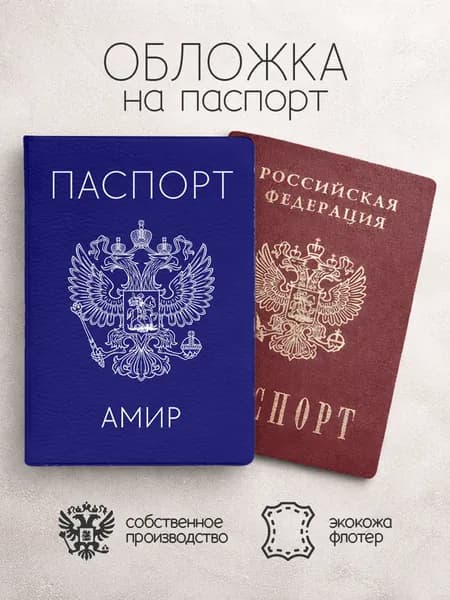 Обложка на паспорт "Синего цвета с гербом" с именем Амир