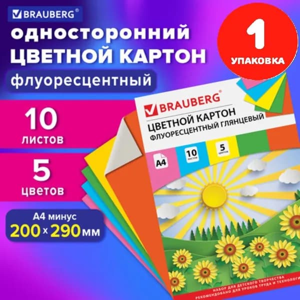 Картон цветной А4 МЕЛОВАННЫЙ (глянцевый), ФЛУОРЕСЦЕНТНЫЙ, 10 листов 5 цветов, в папке, 200х290 мм (1 упаковка)