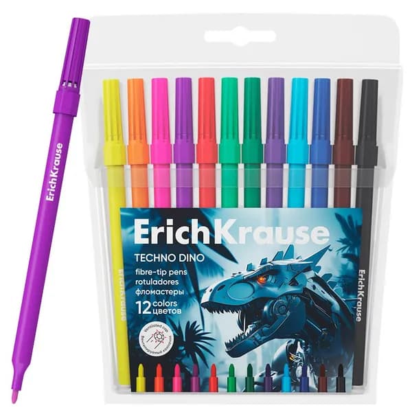 Фломастеры Erich Krause 12 цветов techno dino, 65030