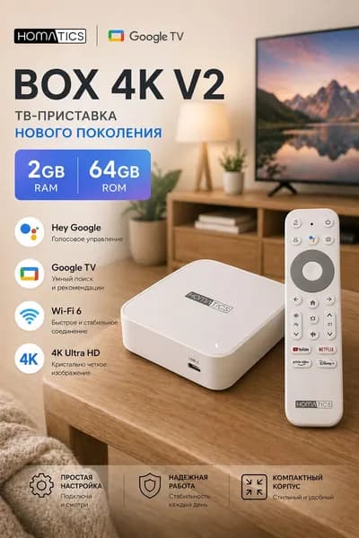 Медиаплеер Homatics Box 4K V2, приставка для цифрового смарт ТВ, память 2/64Gb, процессор Amlogic S905X5М, Wi-Fi 6, Android 14, Андроид, Хоматикс