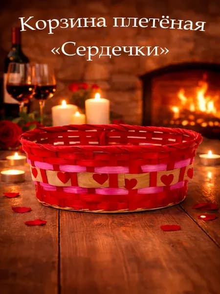 Плетеная корзина 25×20×10 см розовая без ручек с сердечками