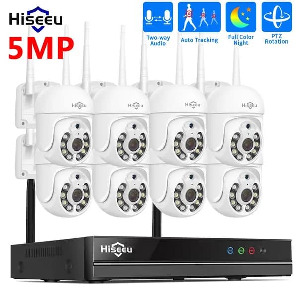 Hiseeu Wi-Fi PTZ Комплект камеры видеонаблюдения,10CH NVR Набор,5MP 8 IP камеры без жесткого диска, Цветная ночного видения,Автоматическое отслеживание,Двусторонняя аудиосвязь, P2P