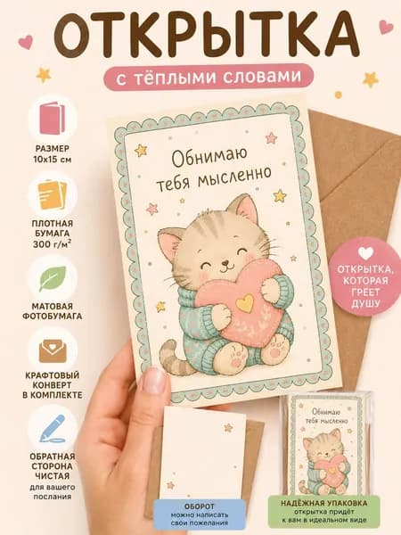 Открытка мотивирующая/мотивационная карточка с тёплыми пожеланиями 10*15 см с крафтовым конвертом
