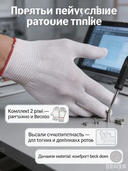 Комплект из 2 пар тонких трикотажных перчаток из нейлона, применяемых для точных строительных и хозяйственных задач, представлен в белом цвете унисекс как качественные защитные изделия.