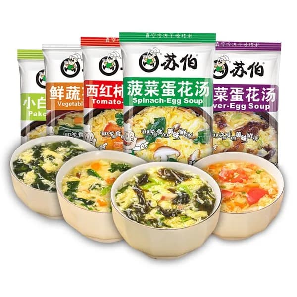 Сухая смесь для быстрого приготовления яичного супа со вкусами томата, морских водорослей и шпината. Быстрый азиатский овощной суп - просто залейте кипятком. Индивидуальная упаковка