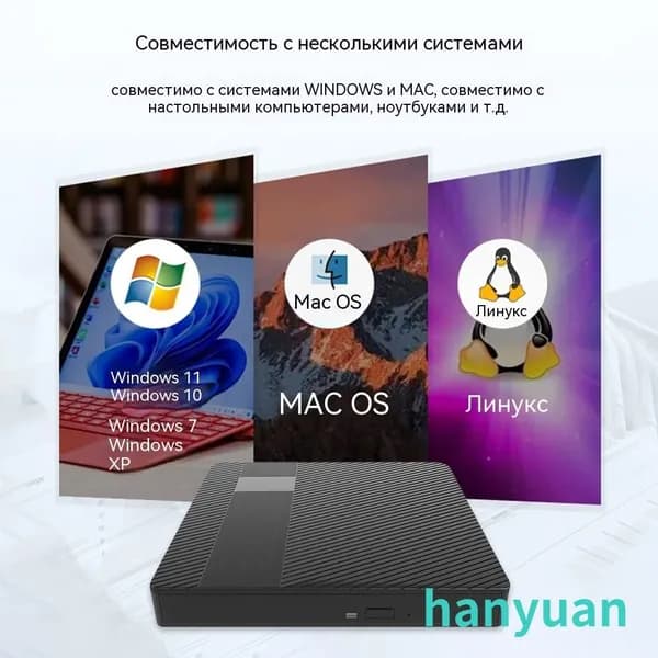 Внешний DVD-привод с USB 3.0 и USB-C, запись CD/DVD/VCD, тихая работа
