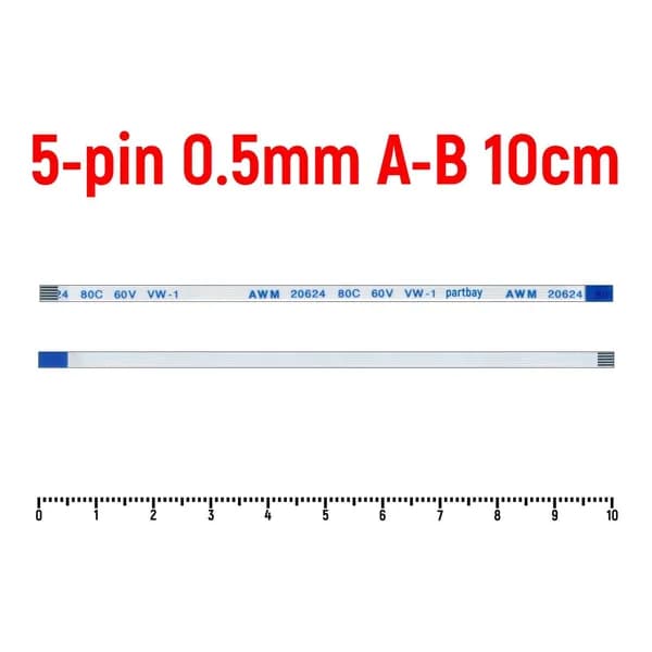 Шлейф FFC 5-pin Шаг 0.5mm Длина 10cm Обратный A-B AWM 20624 80C 60V VW-1