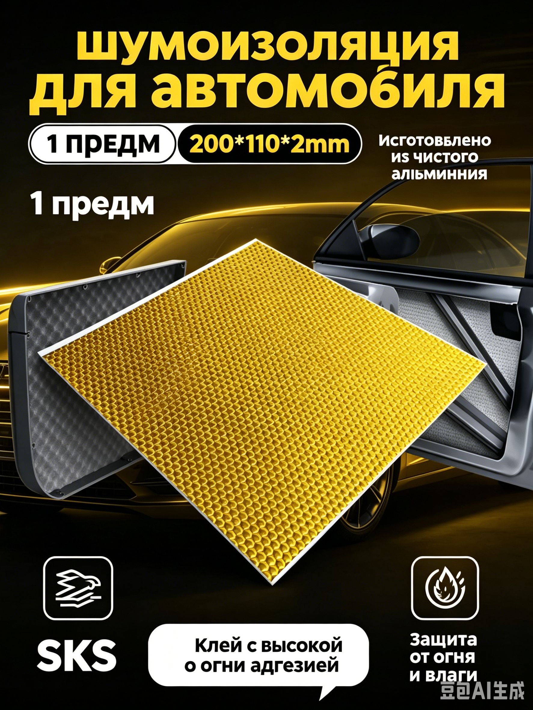 Шумоизоляция автомобильная, 0.2 м, толщина: 2 мм, 1 шт.