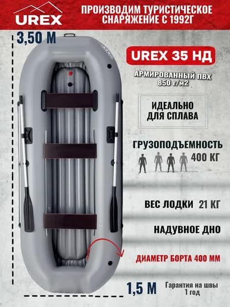 Лодка ПВХ под мотор UREX-35НД, 4-х местная, диаметр борта 400 мм, надувное дно