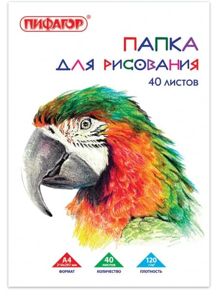 Бумага для рисования в папке художественная А4, 40 листов, 120 г/м2, ПИФАГОР, 210х297мм, Попугай
