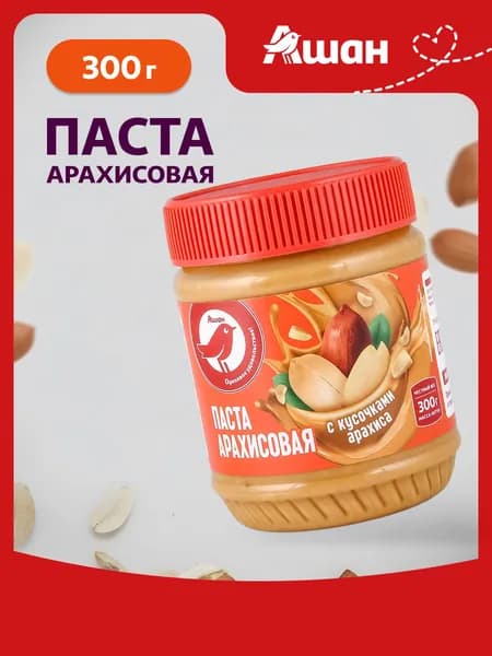 Паста арахисовая АШАН Красная птица с кусочками арахиса, 300 г