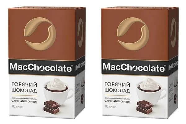 MacChocolate Растворимый напиток, Горячий шоколад, "Сливки", 20 г х 10 пак, 2 упаковки