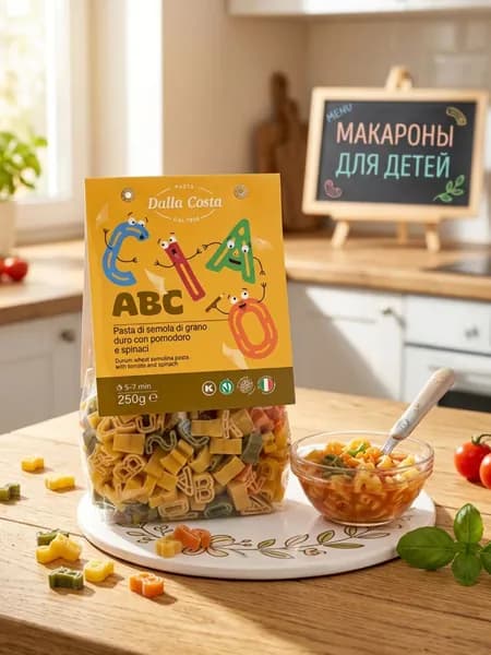 Макаронные изделия для детей Dalla Costa Фигурные со шпинатом и томатами без добавления яиц Алфавит 250 г