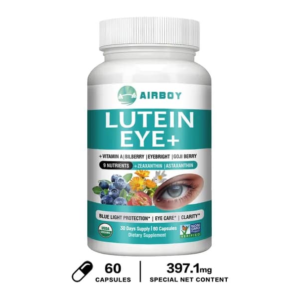 Капсулы Airboy Lutein Eye+ предназначены для снятия усталости глаз, защиты глаз от вредного воздействия синего света и улучшения четкости зрения.