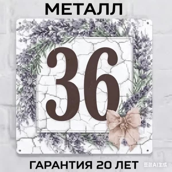 Номерной знак для дома в провансальском стиле, лавандовый, металл, 20х20 см.